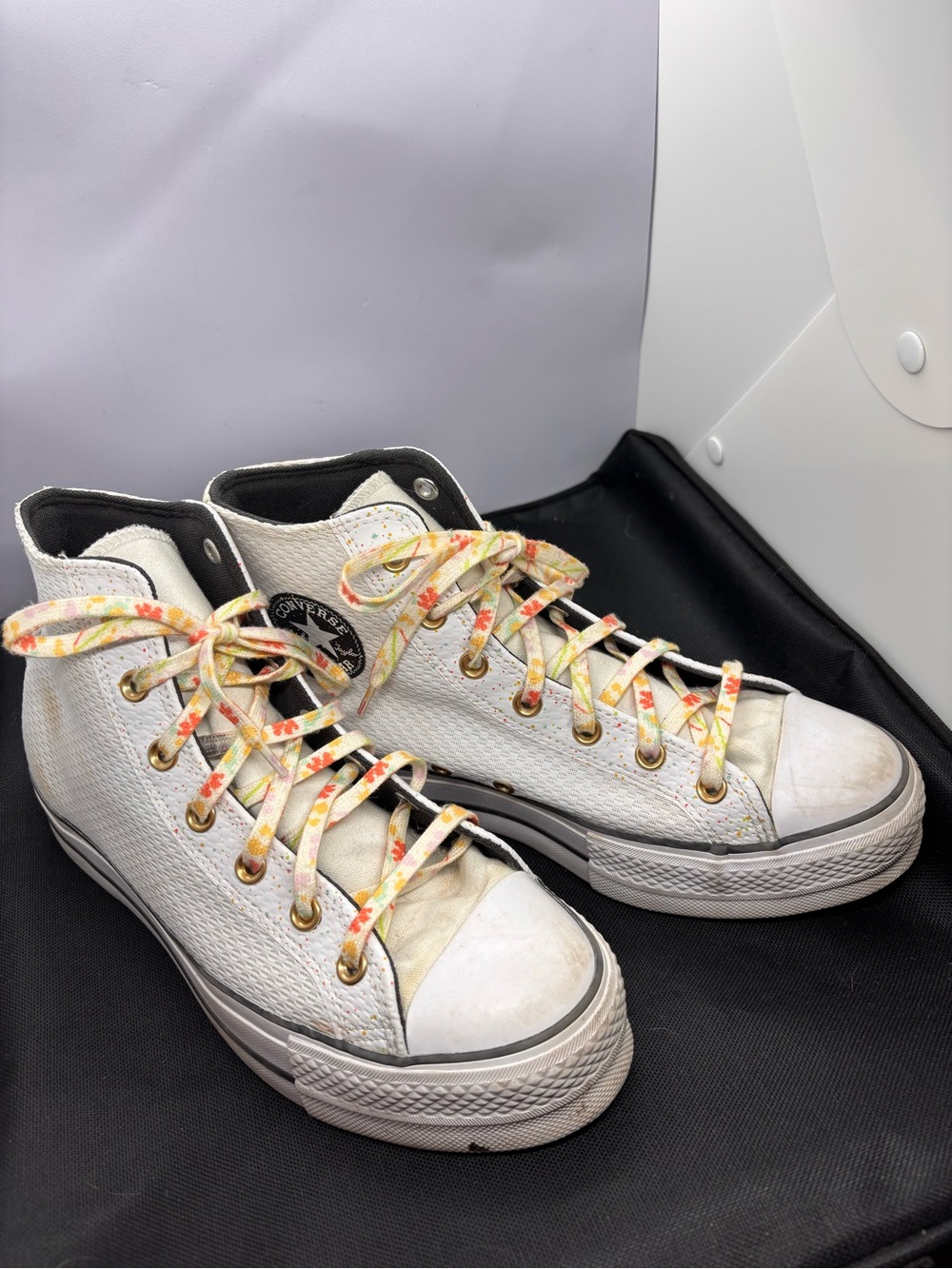 Converse White High-Top Sneakers with Floral Yellow-Orange Laces